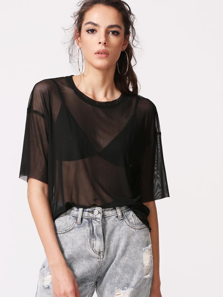 Shein Black Drop Shoulder Sheer Mesh Top