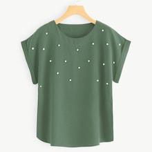 Shein Pearl Beaded Cuffed Blouse