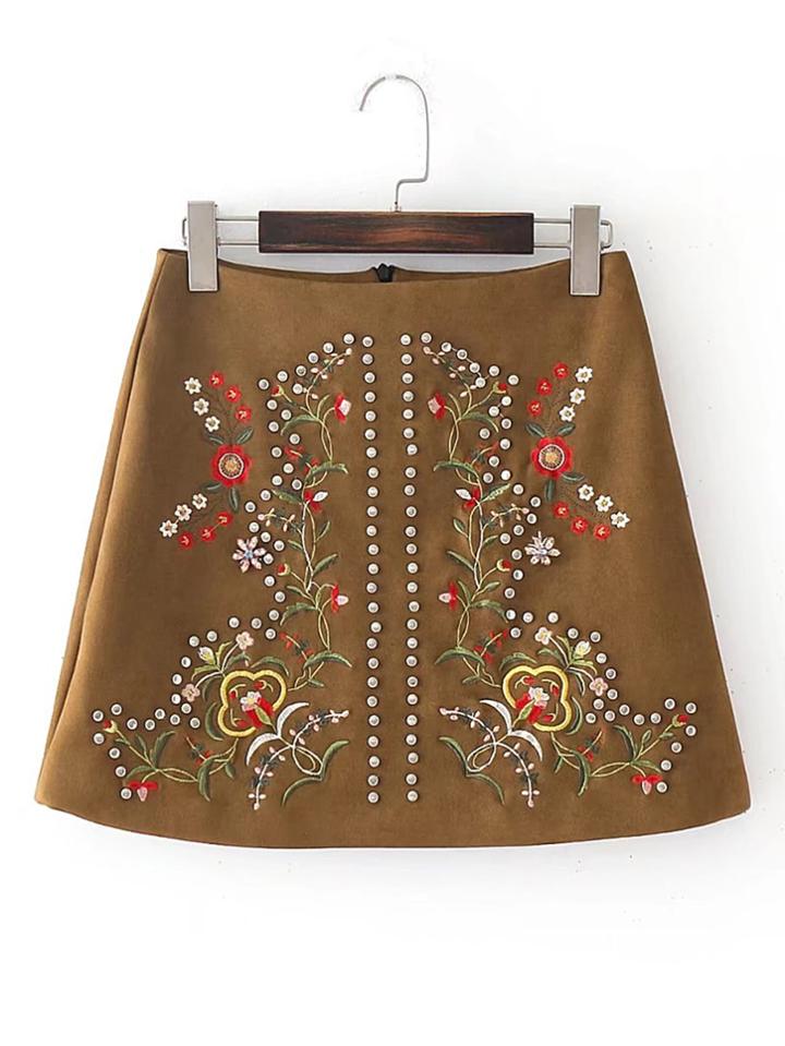 Shein Flower Embroidery Studded Trim Suede Skirt