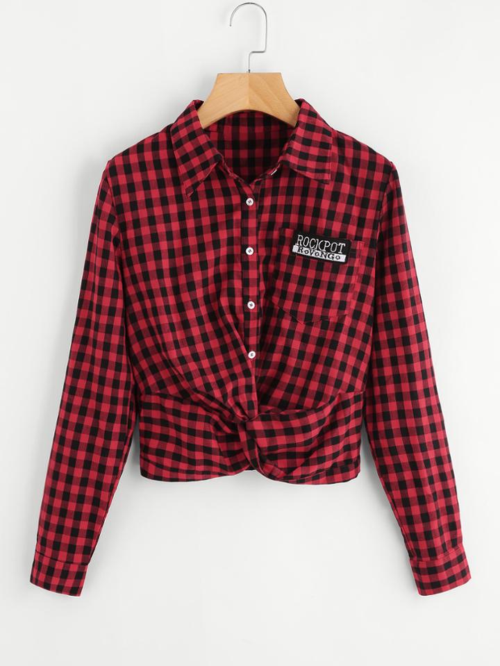 Shein Embroidery Patched Pocket Twist Hem Gingham Shirt