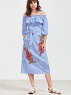 Shein Blue Striped Embroidered Rose Applique Cold Shoulder Dress