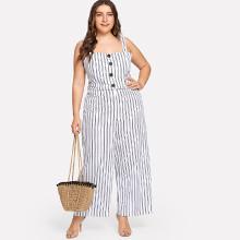 Shein Plus Button Front Striped Wide Leg Cami Jumpsuit