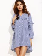Shein Blue Stripe Ruffle Trim Long Sleeve High Low Dress