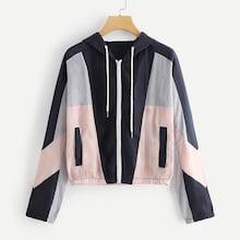 Shein Plus Color-block Drawstring Zip Up Hooded Jacket
