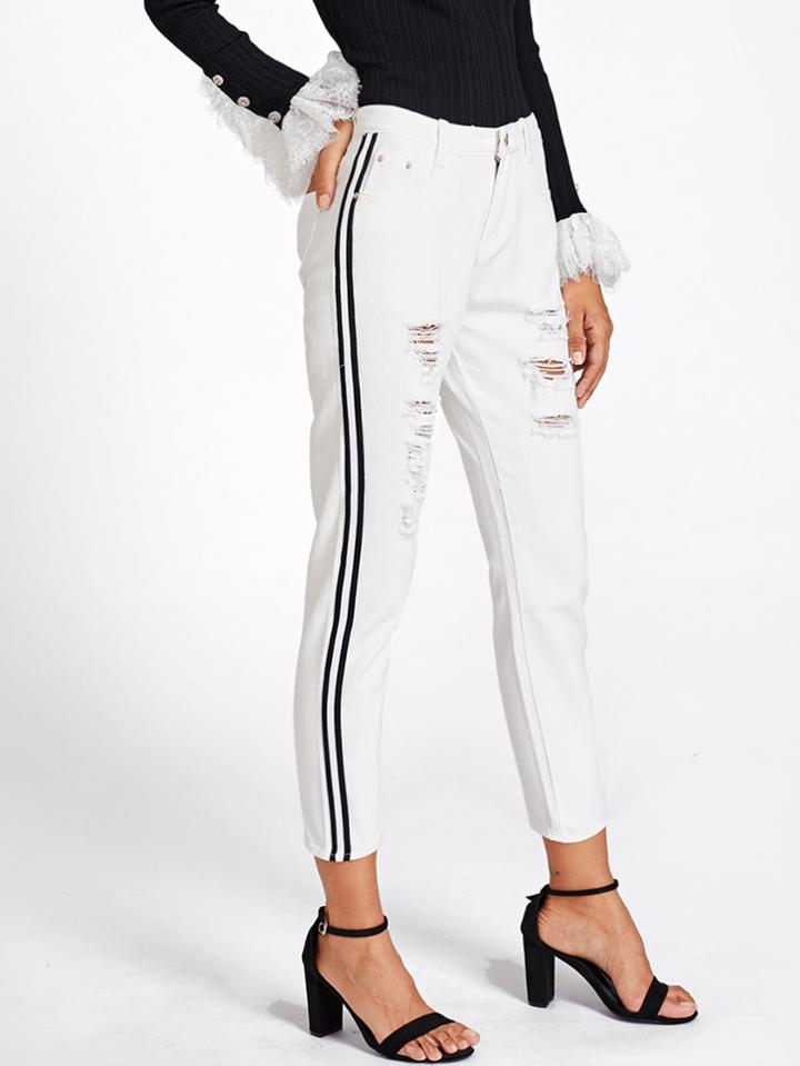 Shein Contrast Stripe Side Ripped Jeans