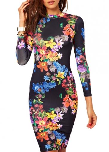 Rosewe Open Back Long Sleeve Flower Printed Dress