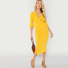 Shein Zipper Back Button Bell Sleeve Dress