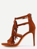 Shein Faux Suede Strappy Fringe Heeled Sandals - Camel