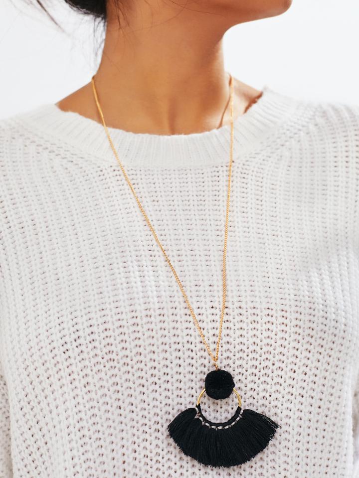 Shein Tassel & Pom Pom Pendant Link Necklace