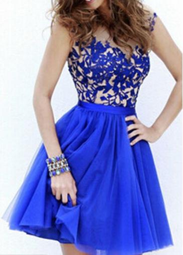 Rosewe Sleeveless Lace Crochet Blue A Line Dress