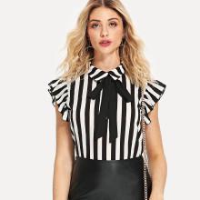 Shein Tie Neck Ruffle Armhole Striped Top