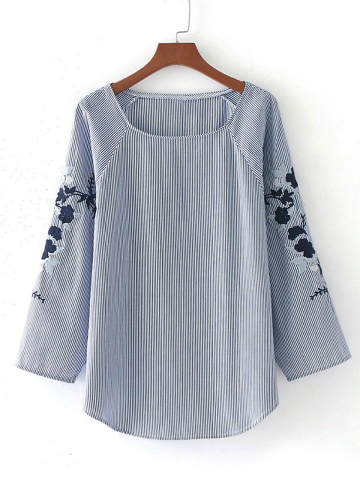 Shein Raglan Sleeve Embroidery Pinstripe Blouse