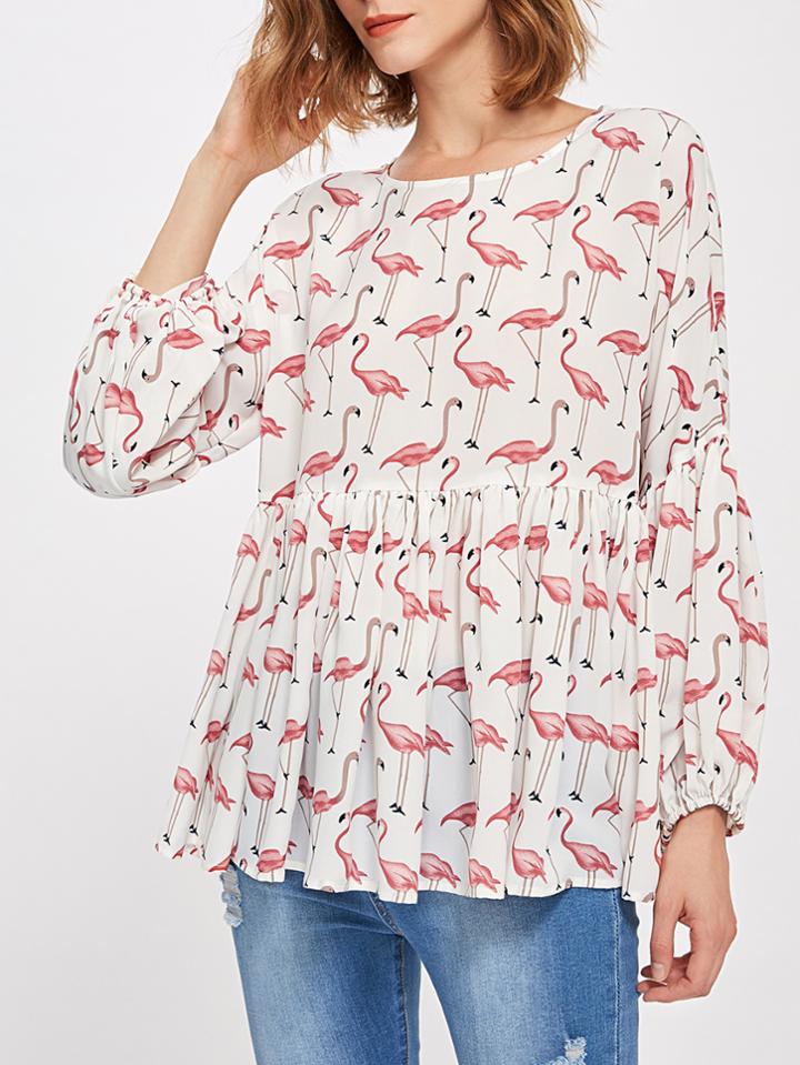 Shein Allover Flamingo Print Lantern Sleeve Smock Blouse