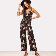 Shein Floral Print Striped Self Tie Waist Jumpsuit