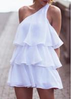 Rosewe Chic One Shoulder Ruffle Decorated Solid White Mini Dress