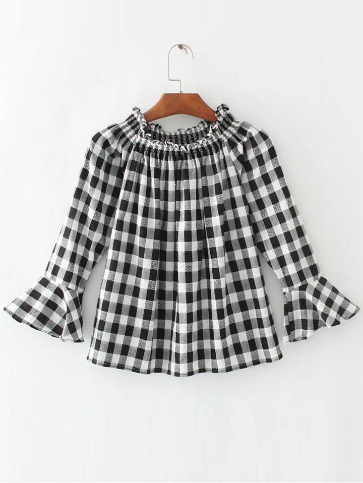 Shein Black And White Plaid Ruffle Detail Bell Sleeve Blouse