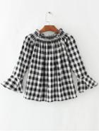 Shein Black And White Plaid Ruffle Detail Bell Sleeve Blouse