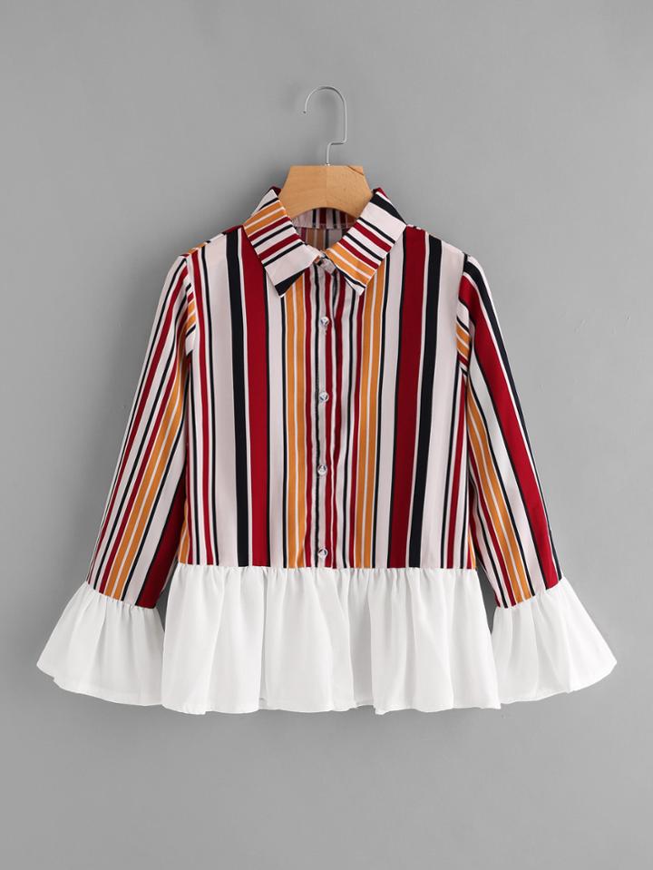 Shein Ruffle Sleeve Frill Hem Striped Shirt