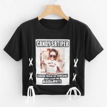 Shein Lace Up Side Figure Print Tee