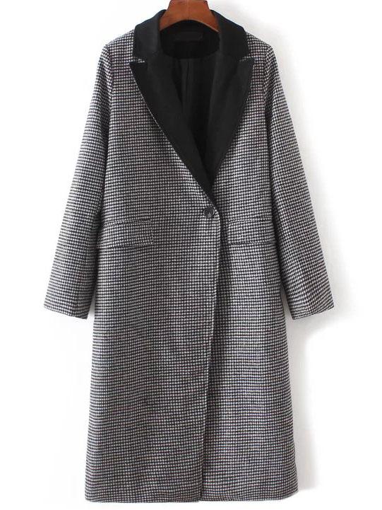 Shein Black Houndstooth Single Button Trench Coat With Pockets