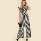 Shein Tie Neck Ruffle Armhole Striped Palazzo Jumpsuit