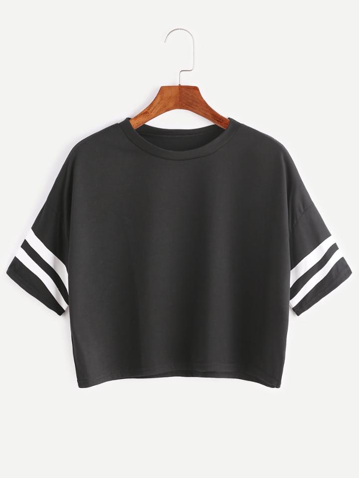 Shein Black Dropped Shoulder Seam Varsity Striped Crop T-shirt