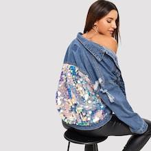 Shein Sequin Contrast Drop Shoulder Denim Jacket