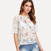 Shein Flower Embroidery Eyelash Lace Blouse