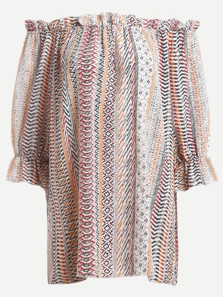 Shein Boat Neck Print Ruffle Sleeve Shirt