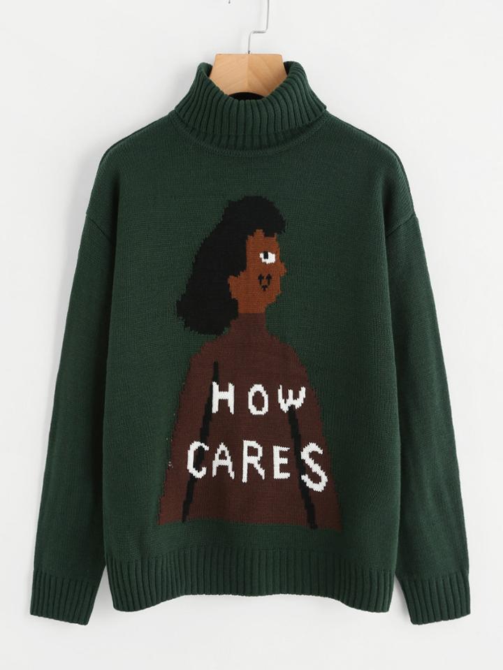 Shein Rolled Neck Intarsia Sweater