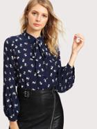 Shein Allover Shari Pei Print Tied Neck Blouse