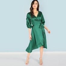 Shein Belted Wrap Bishop Sleeve Ruffle Dress