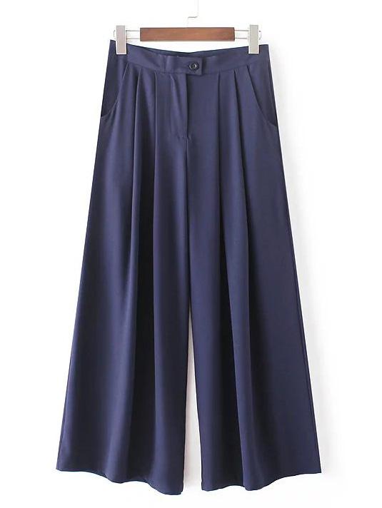 Shein Navy Button Pocket Wide Leg Pleated Pants