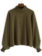 Shein Army Green Frill Neck Loose Crop Blouse