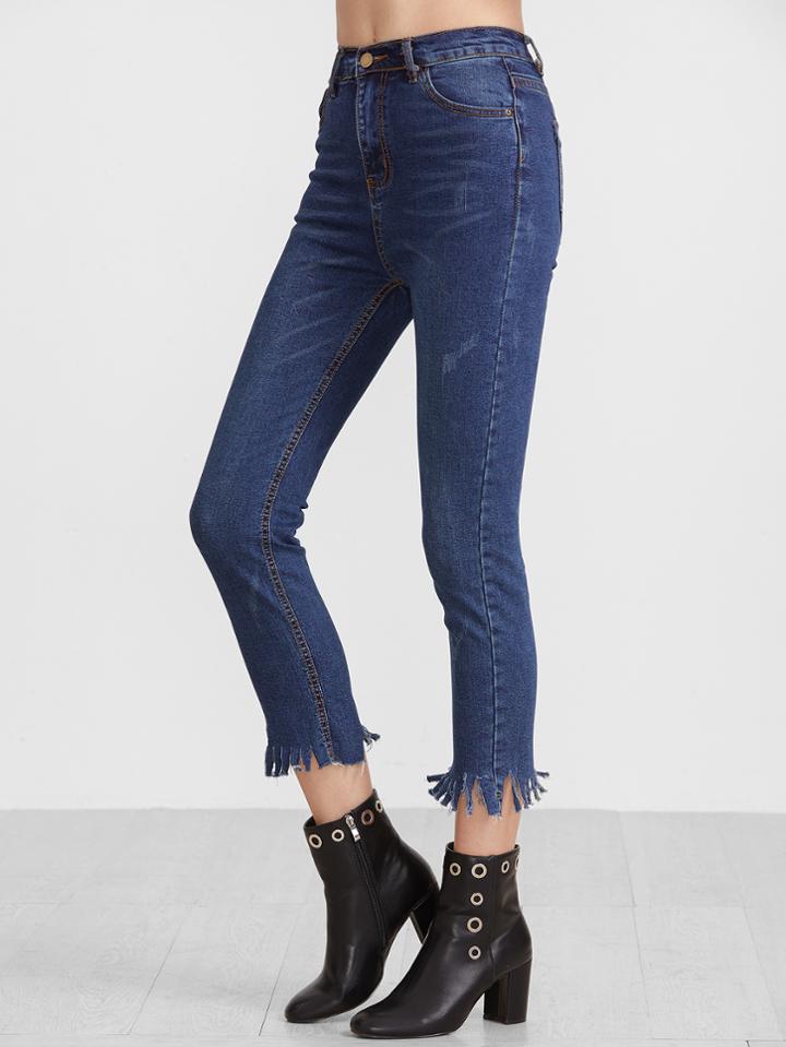 Shein Dark Blue Frayed Hem Ankle Jeans