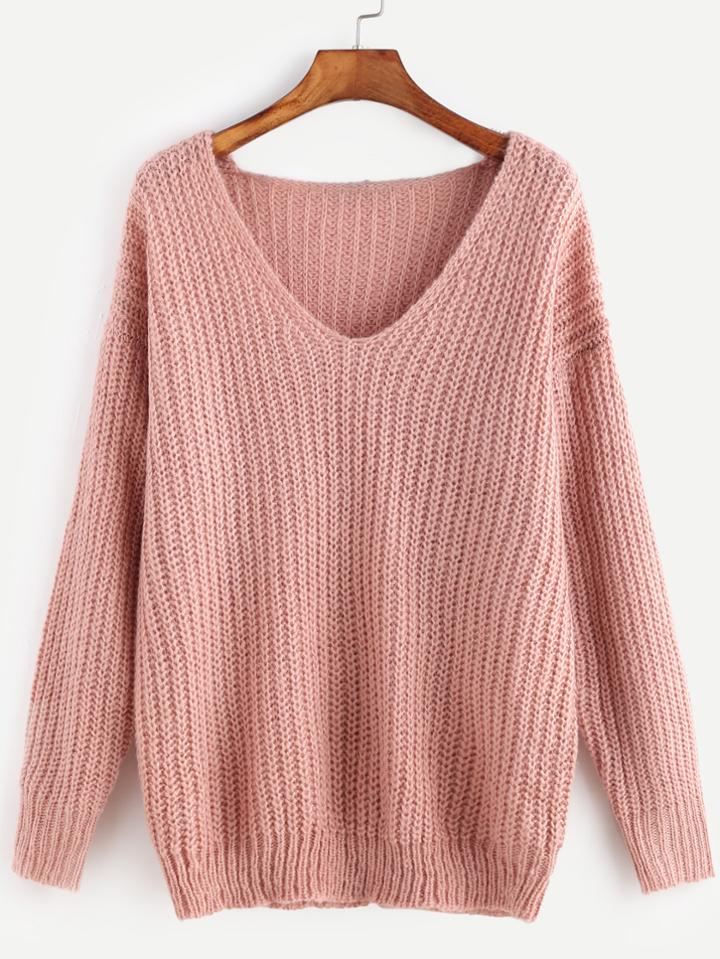 Shein Pink Ribbed Knit V Neck Drop Shoulder Sweater