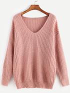 Shein Pink Ribbed Knit V Neck Drop Shoulder Sweater