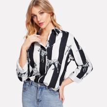 Shein Contrast Striped Dog Print Curved Hem Shirt