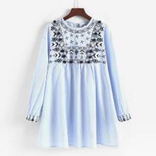 Shein Embroidered Pom Pom Detail Striped Babydoll Dress