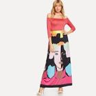 Shein Solid Bardot Top & Graphic Print Skirt Set