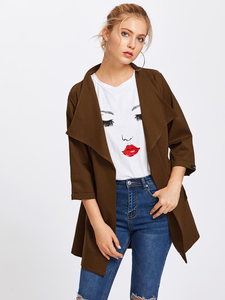 Shein Drawstring Waist Cuffed Lapel Coat