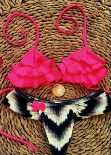 Rosewe Two Piece Flower Design Bra And Print Thong Bikini