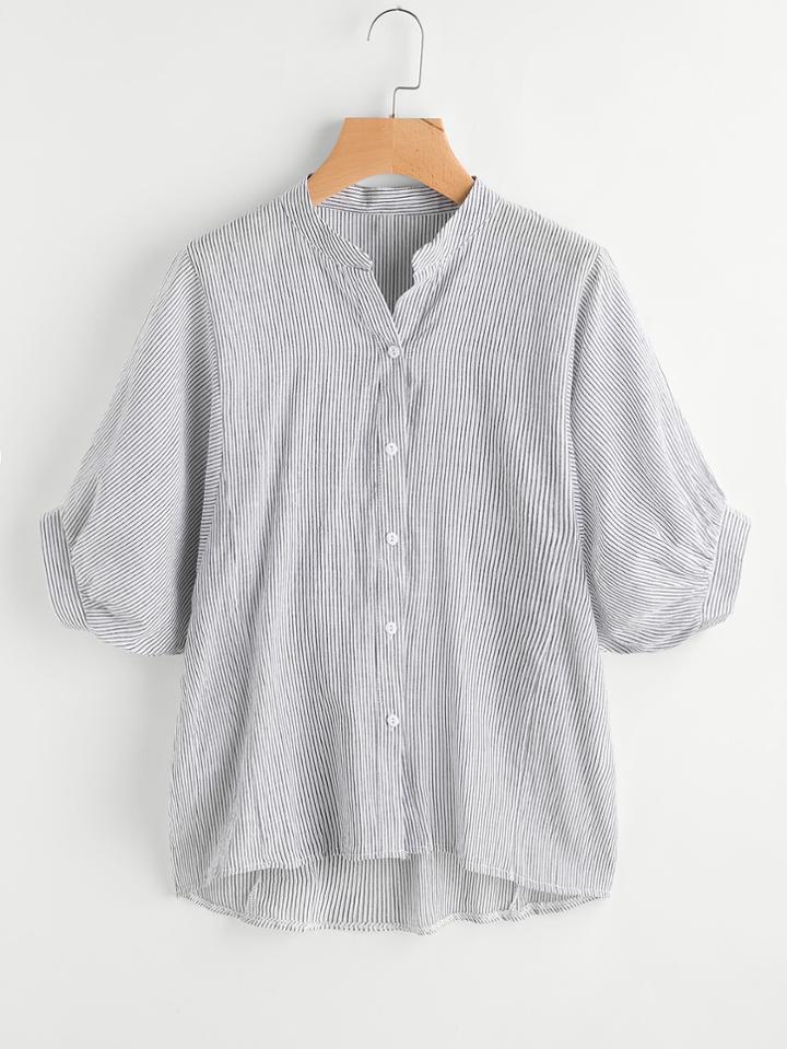 Shein Vertical Pinstriped Lantern Sleeve Dip Hem Blouse