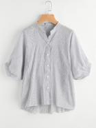 Shein Vertical Pinstriped Lantern Sleeve Dip Hem Blouse