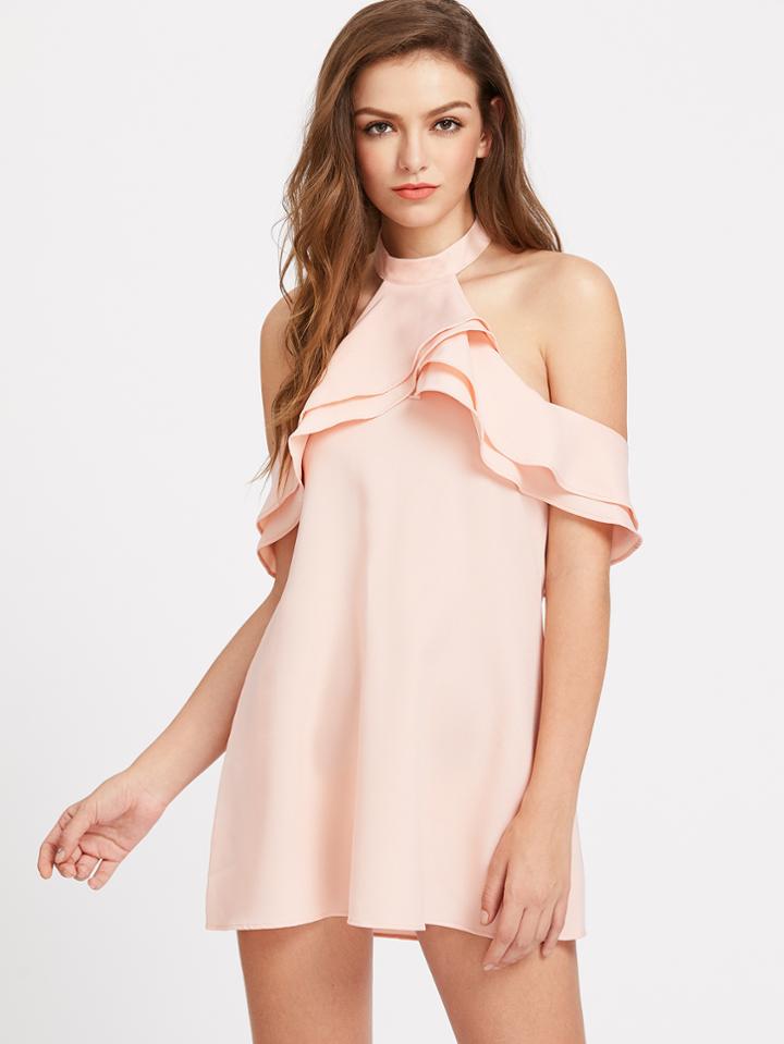 Shein Layered Frill Trim Open Back Halter Dress