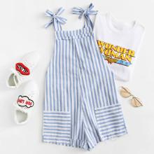 Shein Self Tie Shoulder Pocket Patched Striped Romper