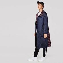Shein Men Drawstring Collar Plaid Panel Longline Coat