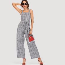 Shein Tie Waist Button Front Plaid Jumpsuit