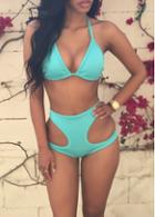 Rosewe Mint Green Halter High Wait Hollow Out Swimwear