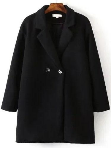 Shein Black Lapel Double Breasted Wool Blend Coat